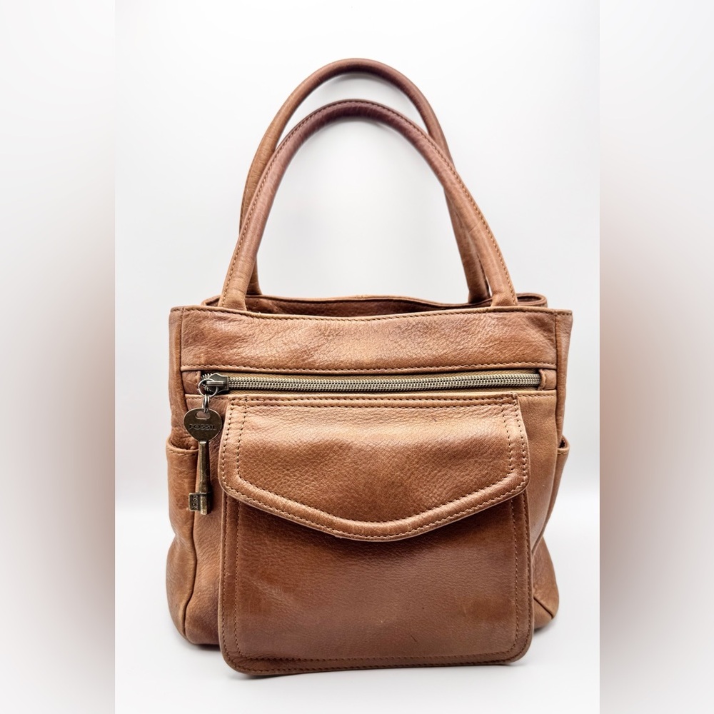 Fossil Brown Leather Satchel Key Charm Mini Tote Vintage